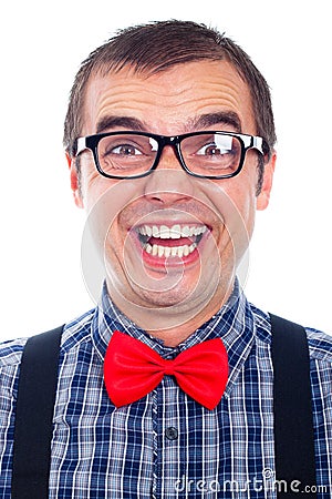 Funny nerd man laughing Stock Photo