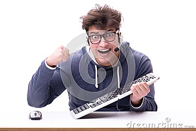 The funny nerd man working on computer isolated on white Stock Photo