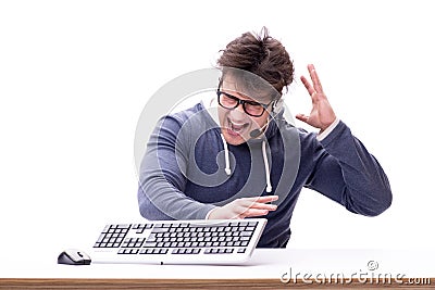 The funny nerd man working on computer isolated on white Stock Photo