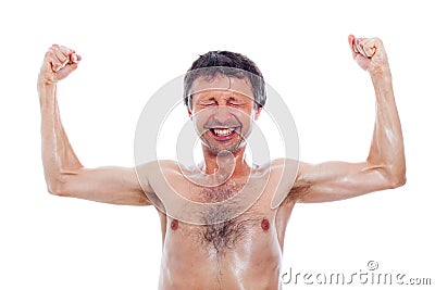 Funny nerd showing muscles Stock Photo