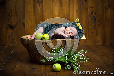 Funny newborn little baby girl in a costume of hedgehog sleeping sweetly on the stump Stock Photo