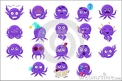 Funny Octopus Character Emoji Set Vector Illustration