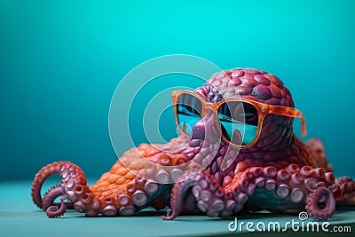 Funny octopus wearing sunglasses summer style. Generate Ai Stock Photo