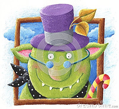 Funny Ogre with purple hat and candy stick Cartoon Illustration