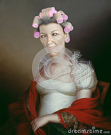 Funny Oil Painting Portrait, Ugly Woman Wearing Curlers Stock Photo