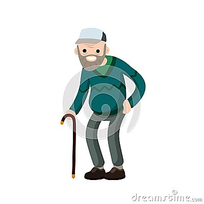 Funny old man with cane. Cartoon flat illustration Vector Illustration