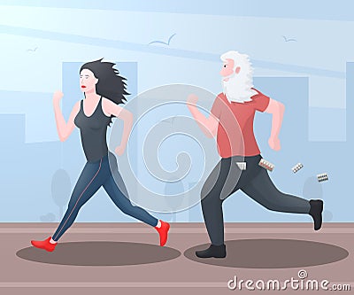 Funny old man grandfather runs for a beautiful running girl. Cartoon Illustration