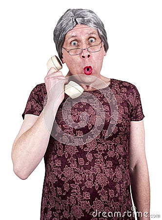 Funny Old Mature Senior Woman Talk Gossip Phone Stock Photo