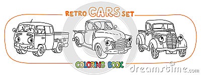 Funny small retro pickup truck cars coloring book Vector Illustration