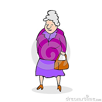 Funny old woman with bag. Grandmother walking. Colorful cartoon Vector Illustration