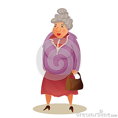 Funny old woman with bag. Grandmother walking. Colorful cartoon Vector Illustration