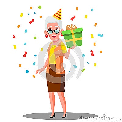 Funny Old Woman Celebrate Birthday In Party Caps And Confetti Vector. Isolated Illustration Vector Illustration