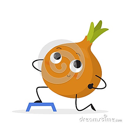 Funny onion character doing sport exercise in the gym Vector Illustration