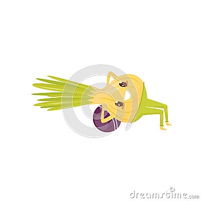 Funny onion exercising with ball, sportive vegetable cartoon character doing fitness exercise vector Illustration on a Vector Illustration