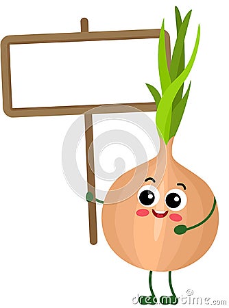 Funny onion holding a blank signboard Vector Illustration