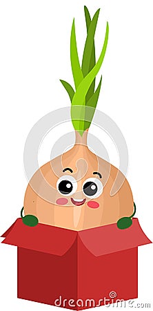 Funny onion mascot in cardboard box Vector Illustration