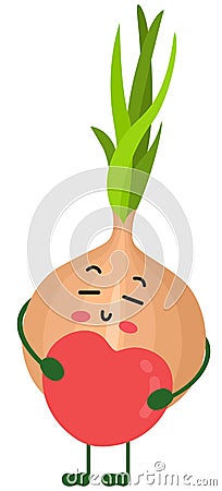 Funny onion mascot holding a red heart Vector Illustration