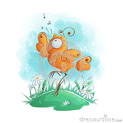 Funny orange bird bounces and sings in a clearing. Vector Illustration
