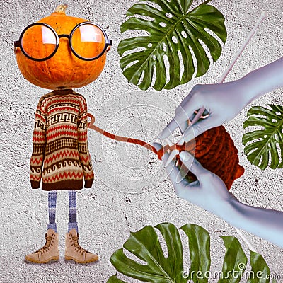 Funny orange cartoon pumpkin head in round fashionable glasses, character concept on the theme of the holiday Halloween Stock Photo