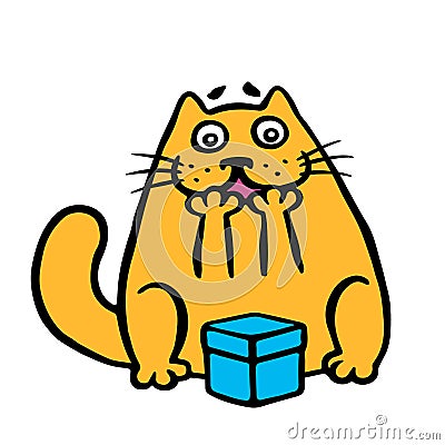 Funny orange cat enjoys the gift in the box. Vector illustration. Vector Illustration