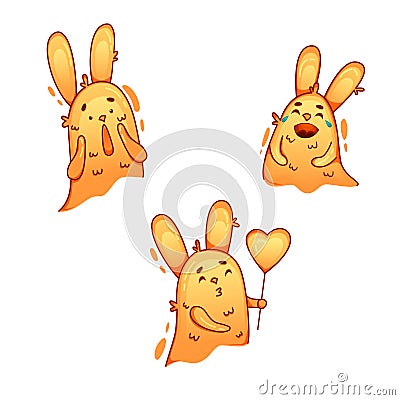 Funny Orange Hare with Long Ears Laughing Tears and Feeling Fear Vector Sticker Pack Vector Illustration