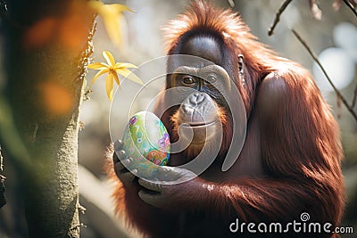 Funny orangutan with Easter egg. Generative AI Cartoon Illustration