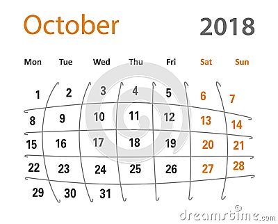 2018 funny original grid October creative calendar Cartoon Illustration