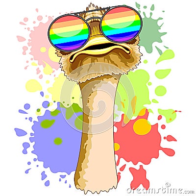 Funny Ostrich with Rainbow Sunglasses Vector Illustration
