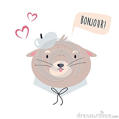 Funny otter in cloth and berret saying bonjour. Vector Illustration
