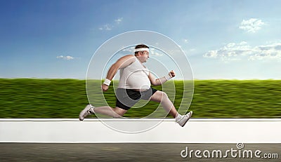 Funny overweight man on the run Stock Photo