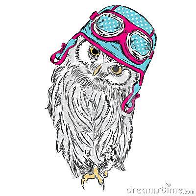 Funny owl in biker helmet. Vector illustration for greeting card, poster, or print on clothes. Cartoon Illustration