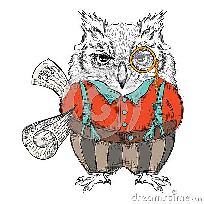 Funny owl clothing with newspaper, reading, news, e-mail. Drawing by hand. Vector illustration Vector Illustration