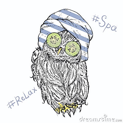Funny owl in cosmetic mask and a towel. Bird with cucumber on her eyes. Vector Illustration