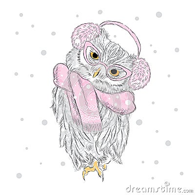 Funny Owl earmuffs and a scarf. Vector illustration for a card or poster. Print on clothes. Vector Illustration