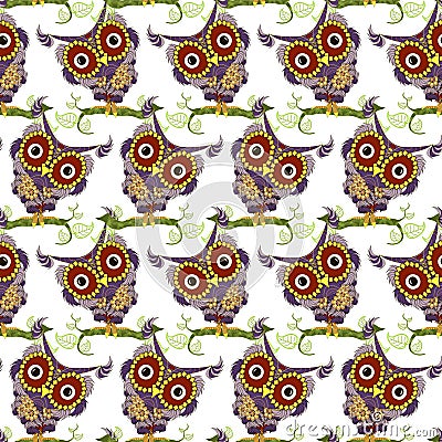 Funny owl endless background on white. Doodle violet bird green leave branch art design stock vector illustration Vector Illustration