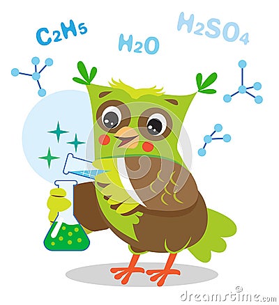 Funny owl experimenting with Chemicals and chemical formula. Vector Illustration