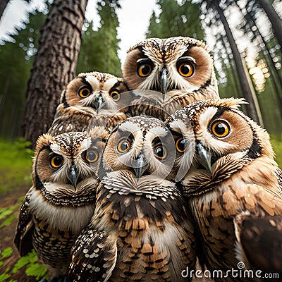 funny owl in the forest taking a selfie Stock Photo