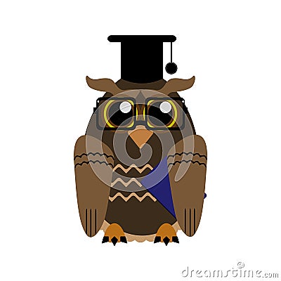 Funny owl with glasses and academic cap. Vector illustration. Vector Illustration