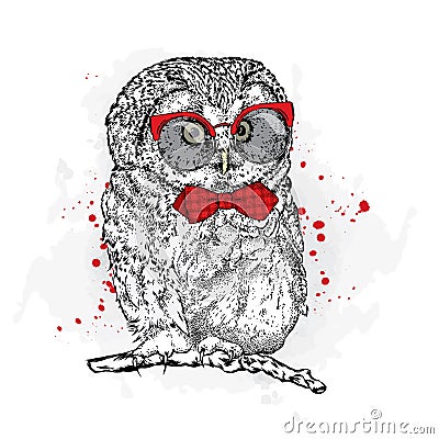 Funny owl with glasses and a tie. Vector Illustration