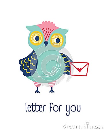 Funny owl holding envelope, mail or message and phrase Letter For You. Cute forest bird isolated on white background Vector Illustration