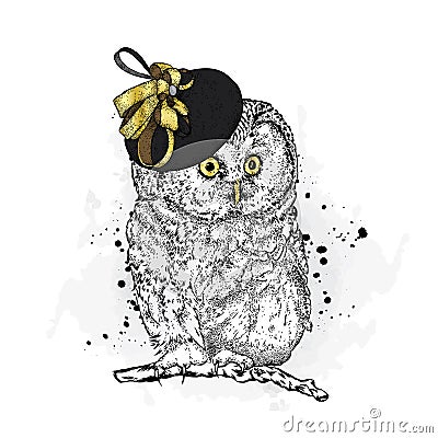 Funny owl in a ladies` hat. Vector illustration. Fashion & Style. Vintage. Vector Illustration