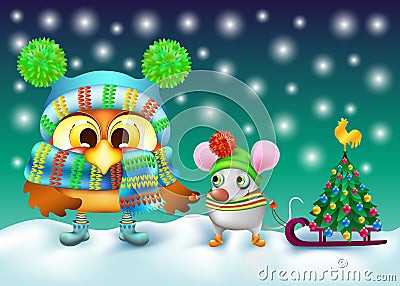 Funny owl and mouse in winter hat with christmas tree Vector Illustration