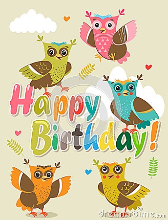 Funny owl. Owls. Vector owls. Birds. Night birds. Congratulation. Vector Illustration