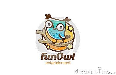 Funny Owl sitting Logo design vector linear. Bird Fun icon Vector Illustration