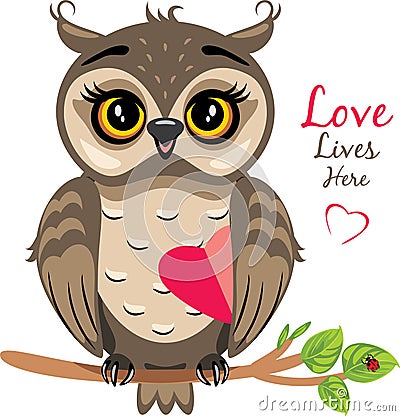 Funny owlet sits on a branch and holds a heart Vector Illustration