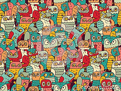 Funny owls birds group color seamless pattern Vector Illustration