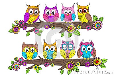 Funny owls on branch Vector Illustration