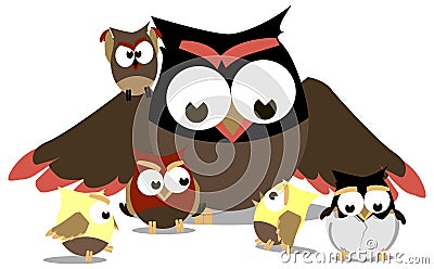 Funny owls, mom and little chicks around her Vector Illustration