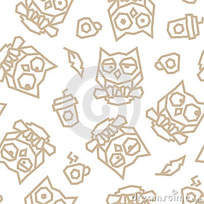 Funny owls and morning coffee low poly seamless pattern. Brown lines on white background. Vector Illustration