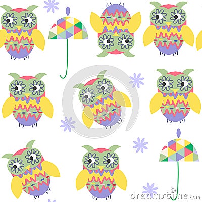 Funny owls seamless pattern and seamless pattern in swatch menu, illustration Vector Illustration